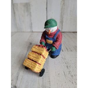 Snowman farmer apple orchard Barrel cart Xmas figure